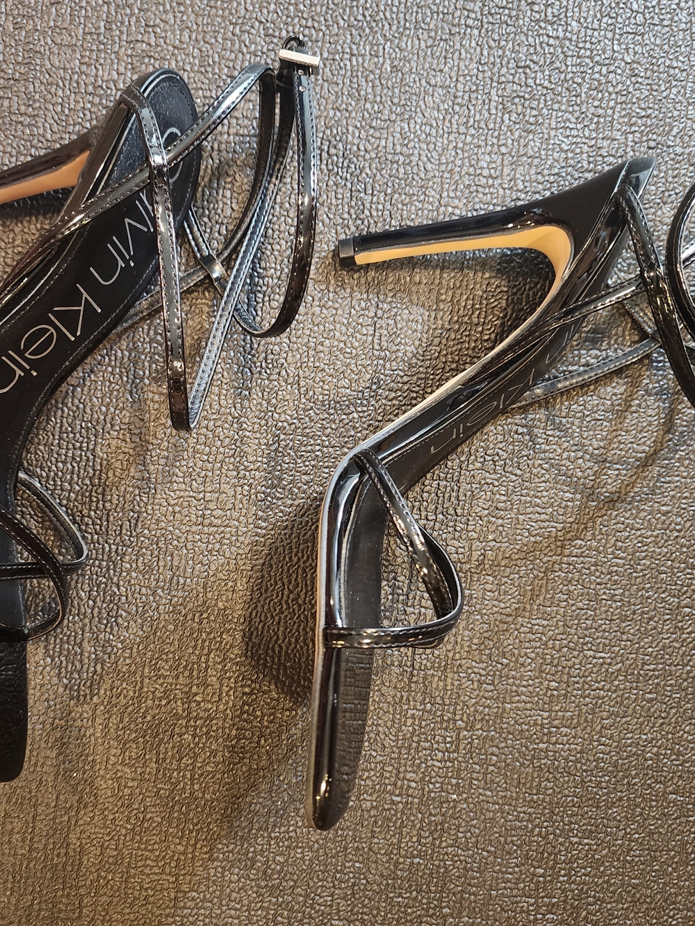 Calvin Klein Black Patent Strappy Square-Toe Ankle-Heel Sandals - Picture 2 of 4